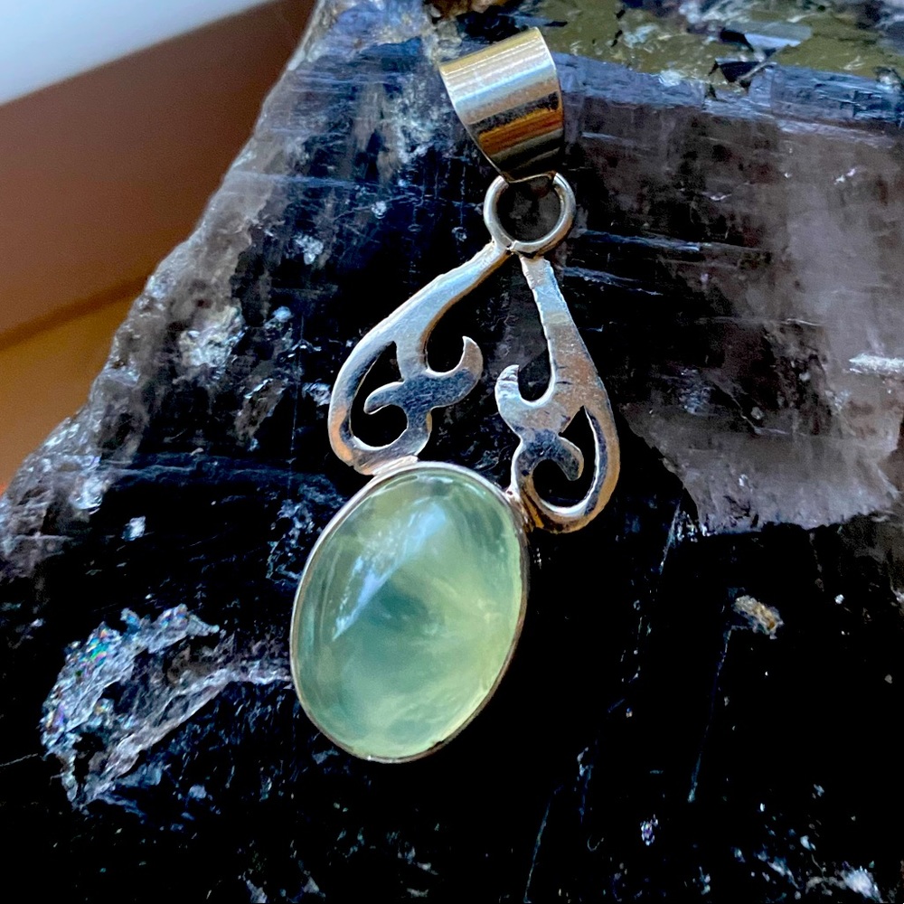 Oval Prehnite Pendant Sterling Silver 925 (.75” x 1.5”)
